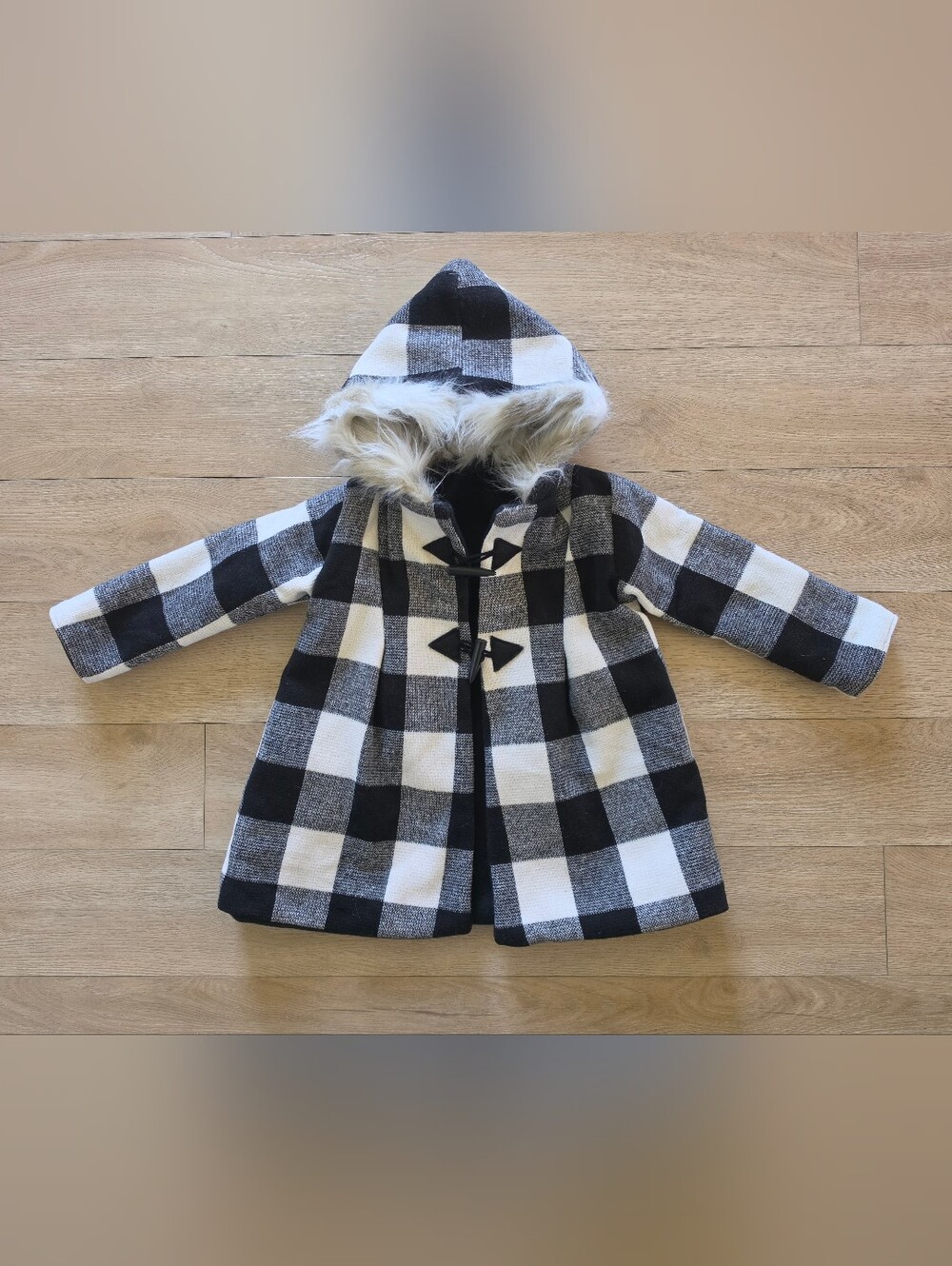 The Minted Moose, Buffalo Check Lux Hooded Toggle Overcoat, Size 3